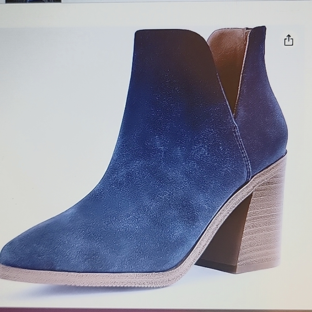 Fisace navy blue nubuck pointed toe stacked mid heel boots Vcut zipper 9.5 NEW …